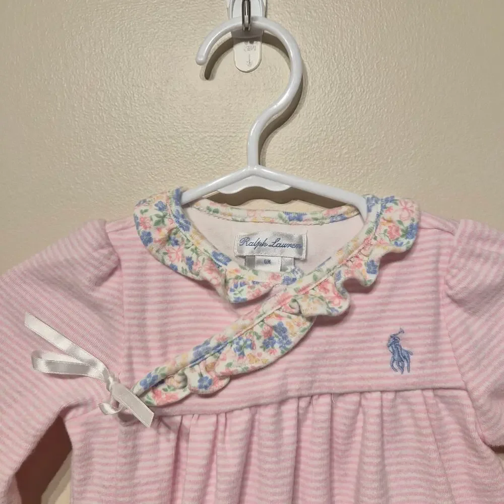 Ralph Lauren 6 Month Striped Cotton Coverall Baby Girl Pink Ruffles